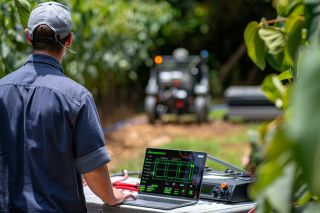 Foto: Mann bedient Laptop im Wald